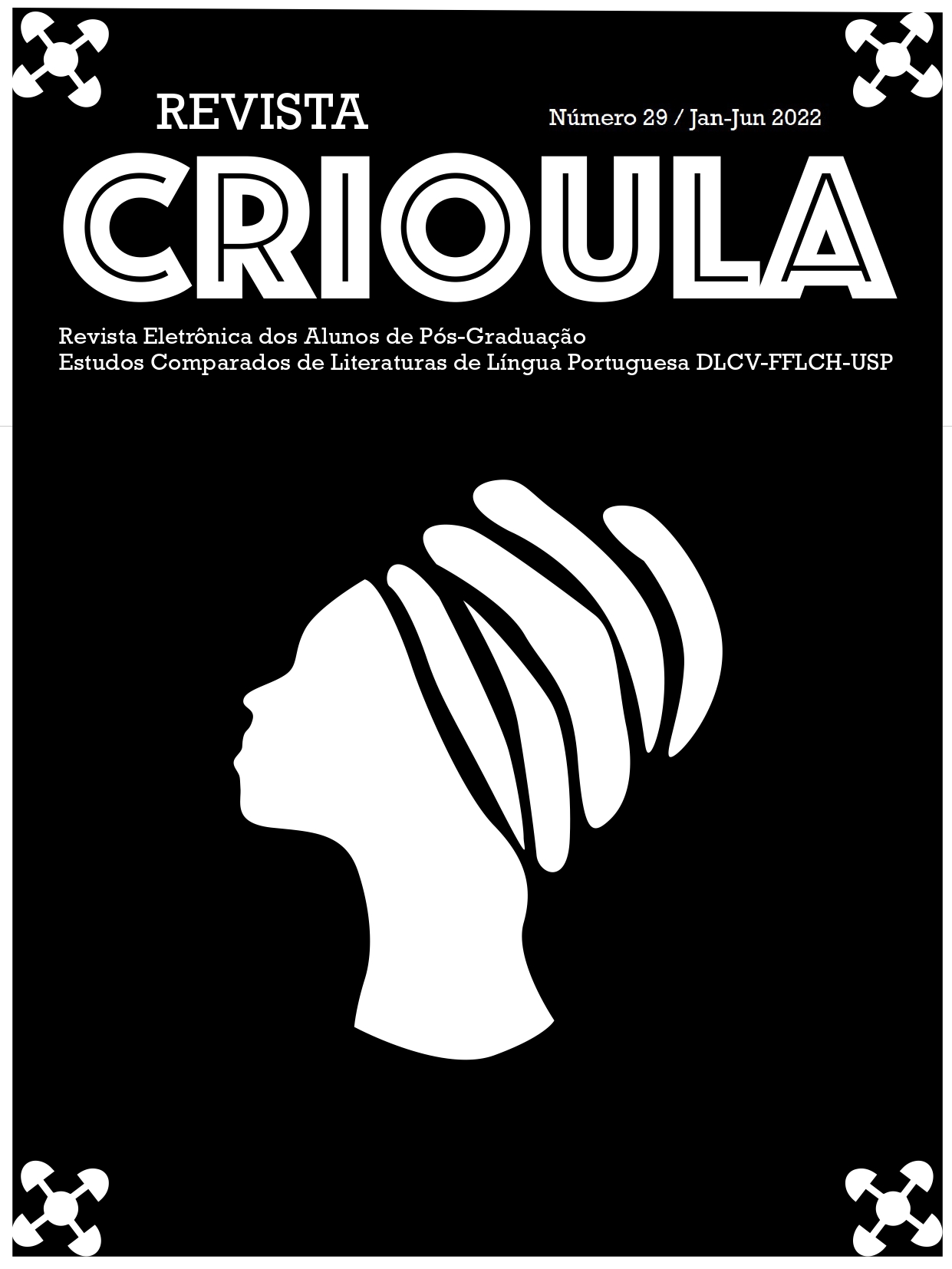 Capa da Revista Crioula, que traz a silhueta de uma mulher vestindo turbante ao centro, em branco, sobre um fundo preto.